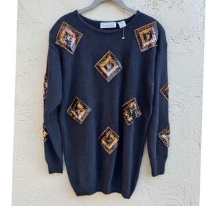 Christine & Jill Womens VTG Black Silk Angora Black Embellished Sequin Sweater